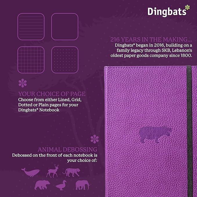 Dingbats* Wildlife Grid Writing Journal Notebook A5 - Vegan Leather Hardcover - Ideal for Work, Travel - Pocket, Elastic Closure, & Bookmark