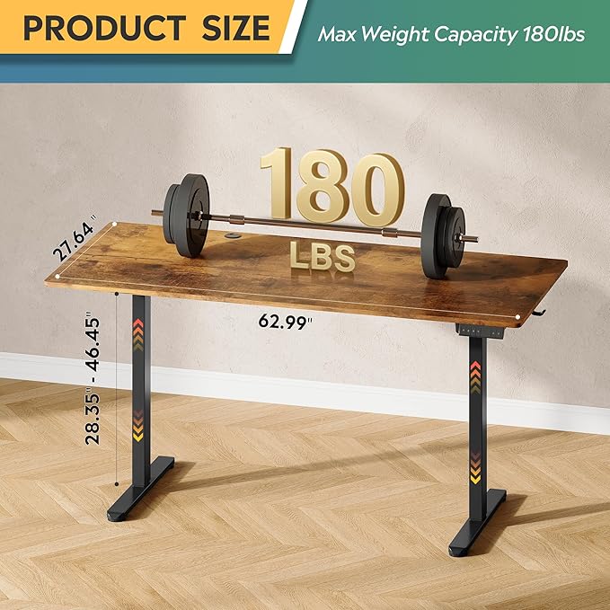 DEVAISE 63 Inch Electric Standing Desk, 3 Adjustable Height Stand up Desk for Home Office, Ergonomic Sit to Stand Desk with LED Touchscreen, Hook, 3 Memory Preset Computer Desk (Rustic Brown)