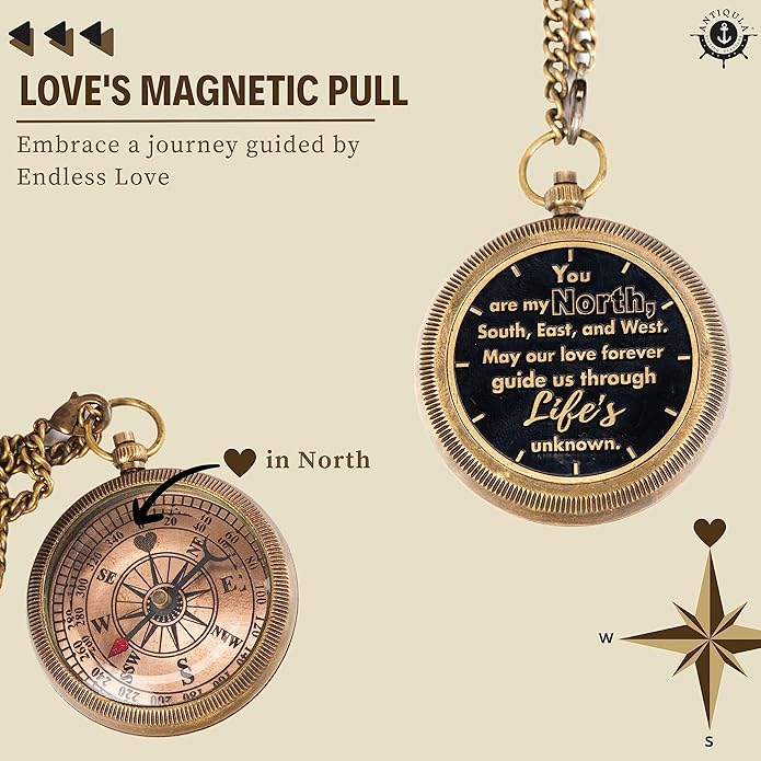 Brass Compass with Wooden Box - Graduation Gifts, Pirate Accessories & Baptism Gift For Boys, Steampunk Travel Decor Compasses For Missionary, Inspirational and Sentimental Compass