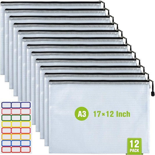 12PCS Mesh Zipper Pouch, Waterproof Tear-Resistant Document File Folders, A3 Size Zipper Documents Pouch Document Organizer Bags for School Office Home Travel Storage(17×12Inch)