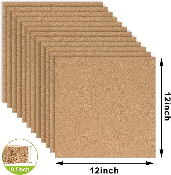 AKTOP Cork Board Bulletin Board 12x12, 1/2" Thick Cork Board Tiles 12 Pack, Small Square Pin Board for Wall, Self Adhesive Corkboards with 120 Push Pin Wood Clips for School, Home & Office