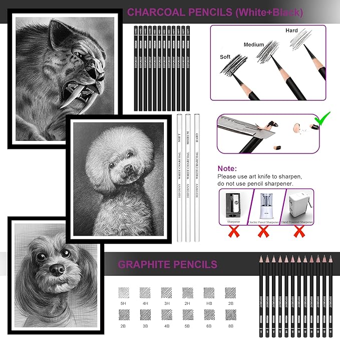 HIFORNY 136 PCS Drawing & Sketching Set,Pro Art Supplies with Graphite,Charcoal,Colored,Watercolor,Metallic Pencils,Blending Tools,Sketchbook,Watercolor Book and Coloring Book in Zipper Case (Grey)