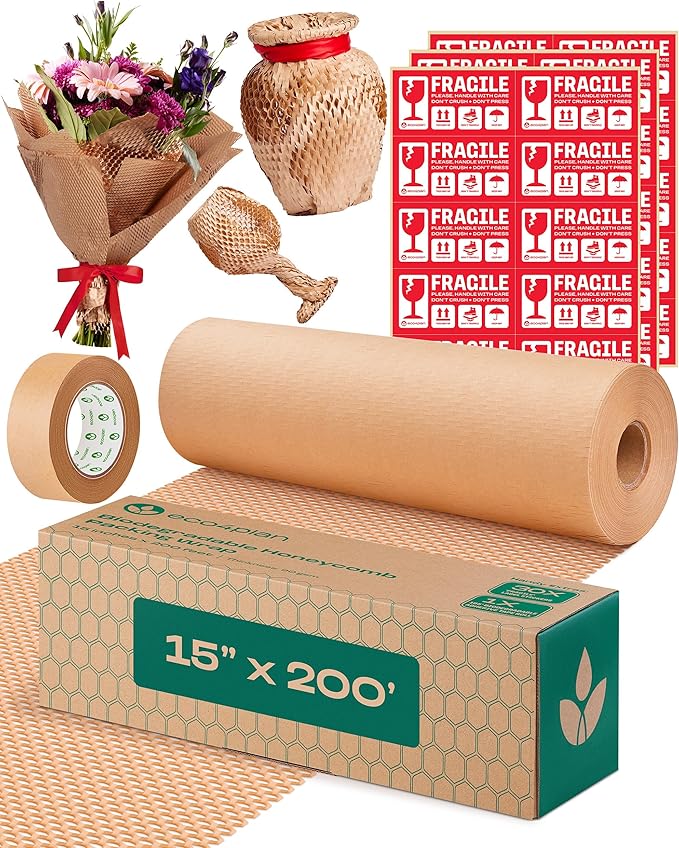 Honeycomb Packing Paper | Extra Thick 90 GSM Packing Wrap | Biodegradable Packing Materials: 15” x 200’ Moving Paper + 195’ Cellulose Adhesive Tape + 30 Fragile Stickers | Paper Bubble Wrap