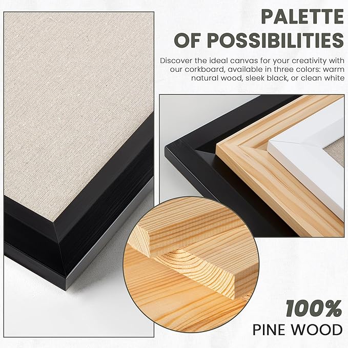 Bulletin Board Cork Board with Linen, 100% Wood Framed 18" x 24" Bulletin Board Decorations, Pin Boards for Walls, Wall Mounted Fabric Picture Board with 10 Pushpins for School, Home & Office, Black