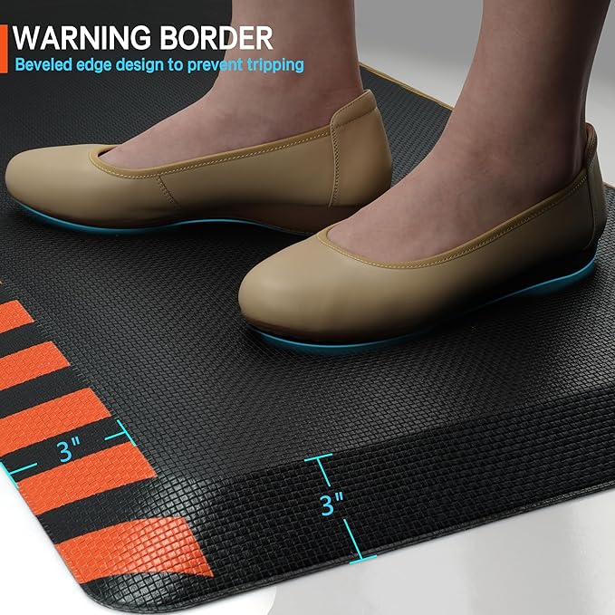 FEATOL Anti Fatigue Mats Industrial, Ergonomic Standing Floor Mat for Work for Stand, Black with Orange Border Safety 24" x 70"-Support for Leg & Back Pain