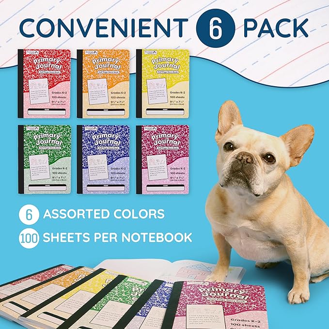 Blue Summit Primary Composition Notebook K-2, Primary Journal Grades K-2, Writing Journal for Kids in Preschool, Kindergarten Notebook For Kids to Learn to Write, 100 Sheets, 6 Pack, Assorted Colors