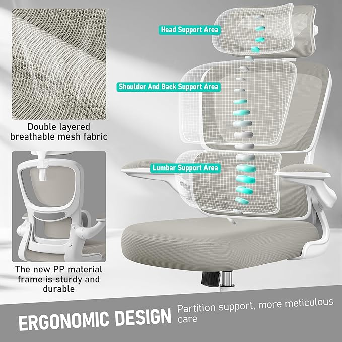 High Back Ergonomic Office Chair, Breathable Mesh Desk Chair with Lumbar Support, Adjustable Headrest, Flip-up Armrests, Computer Gaming Chair