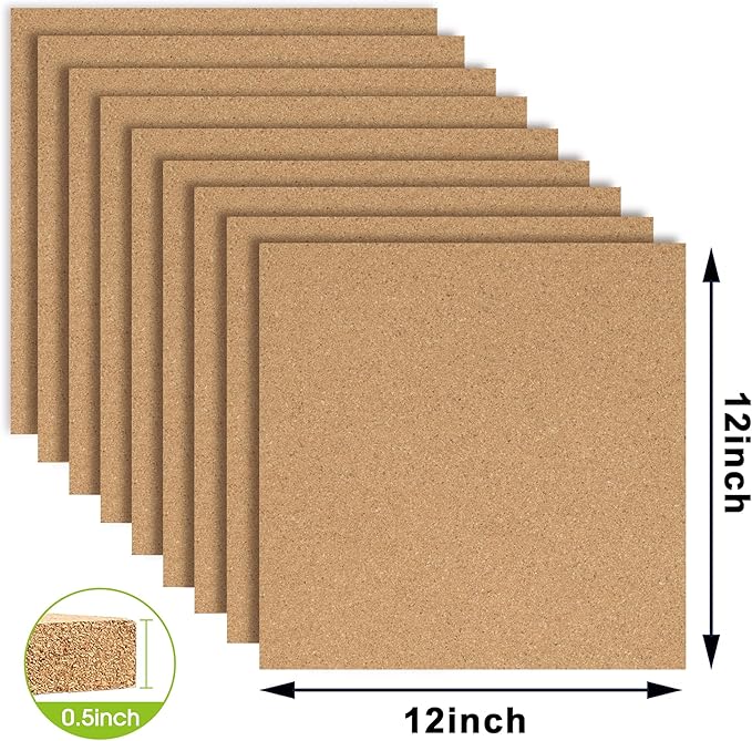 AKTOP Cork Board Bulletin Board 12x12, 1/2" Thick Cork Board Tiles 9 Pack, Small Square Pin Board for Wall, Self Adhesive Corkboards with 120 Push Pin Wood Clips for School, Home & Office
