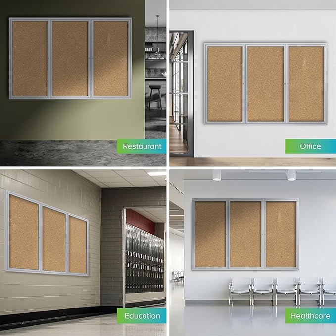 Ghent 36" x 72" 3-Door Indoor Enclosed Bulletin Board with Lock, Cork Material, Shatter Resistant Acrylic Panels, Made in the USA, Satin Aluminum Frame