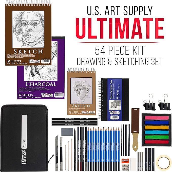 54-Piece U.S. Art Supply Drawing & Sketching Set with 4 Sketch Pads - Ultimate Artist Kit with Graphite, Charcoal, Pastels, Erasers in Pop-Up Carry Case