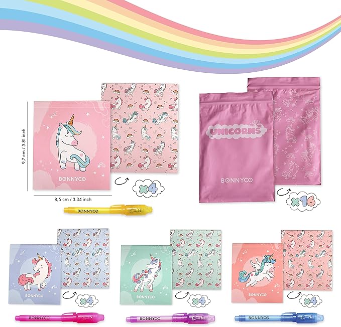 BONNYCO Invisible Ink Pen and Notebook Pack 16 Unicorn Party Favors for Kids, Magic Spy Pen Goodie Bags Stuffers for Kids, Unicorn Birthday Party Supplies, Goody Bag Stuffers | Return Gifts Prizes