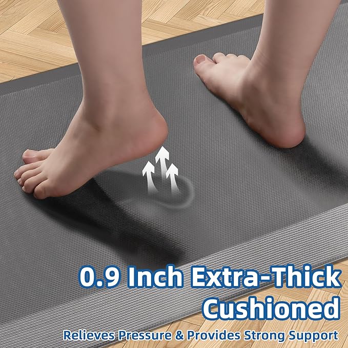 2 PCS Anti Fatigue Kitchen Mats for Floor, Grey 9/10 Extra Thick Cushioned Standing Desk Mat, Comfort Memory Foam Ergonomic Rugs and Mats Non-Slip Waterproof for Office, Kitchen, 20"x32"+20"x32"