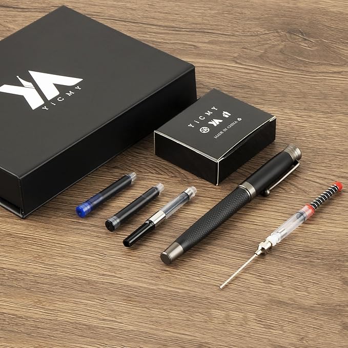 Fancy Fountain Pen Set – Fine & Medium Nibs, Includes 18 Ink Cartridges, Ink Converter, Syringe Filler, Luxury Gift for Writing, Journaling & Calligraphy，Black
