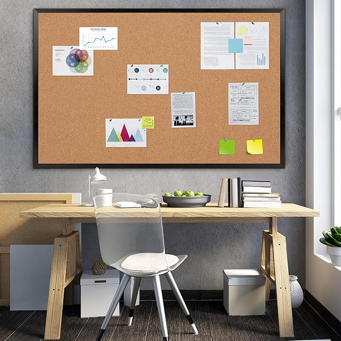 Board2by Extra Large Cork Bulletin Board 60" X 36", Black Wood Framed 5'x3' Corkboard for Wall, Wall Mounted Notice Pin Board with 18 Push Pins for School, Home & Office