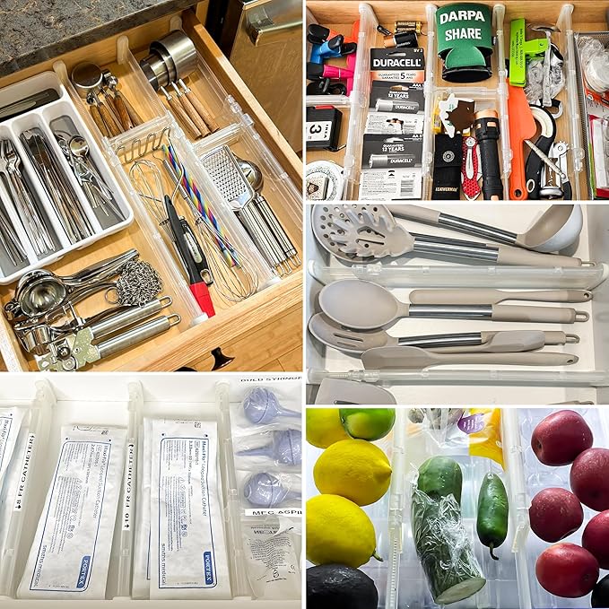 HiYZ Expandable Drawer Dividers - 12.6-22.8'' Adjustable Drawers Organizers for Kitchen Utensils, Drawer Separators in Bedroom, Dresser, Office, Bathroom, Fridge, 3 Pack Long Dividers-Clear