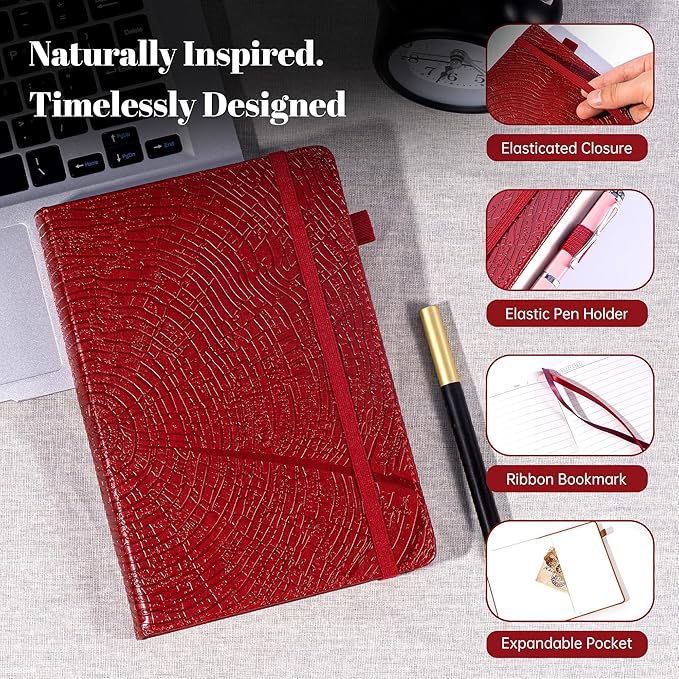 CAGIE Lined Journal for Women Men, Tree Growth Ring Leather Bound Journal Notebook, 256 Pages 100 GSM Journals for Writing, A5 Hardcover Journaling Notebooks for Work, Note Taking (Red