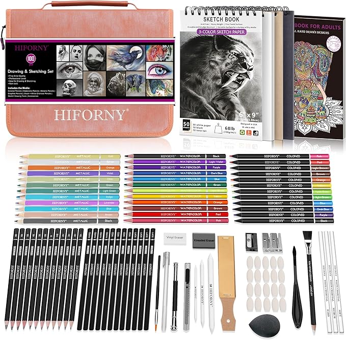 HIFORNY 100 PCS Drawing & Sketching Set, Professional Art Supplies with Graphite,Charcoal, Colored,Watercolor,Metallic Pencils,Blending Tools,Sketchbook and Coloring Book in Zipper Case (Pink)
