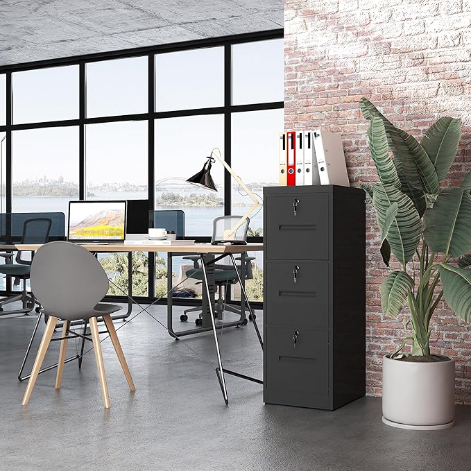 3 Drawer Metal File Cabinet with 3 Unique Locks Heavy Duty Locking File Cabinets Home Office Steel Filing Cabinet Vertical File Cabinets for Legal/Letter Size File,Assembly Required