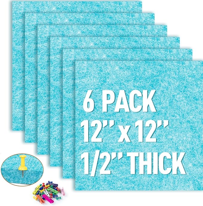 AKTOP Cork Bulletin Board 12x12, 1/2" Thick Felt Cork Board Tiles 6 Pack, Small Square Pin Board for Wall, Self Adhesive Corkboards with 60 Push Pin Wood Clips for School, Home & Office, Baby Blue