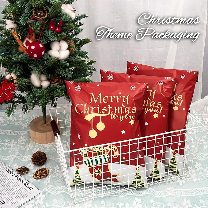 Christmas Poly Mailer 10x13 Inch 25 Pcs, Waterproof Shipping Bags for Clothing, Tear-Resistant Mailier, Strong Mailing With Self-Seal - Red Merry Christmas