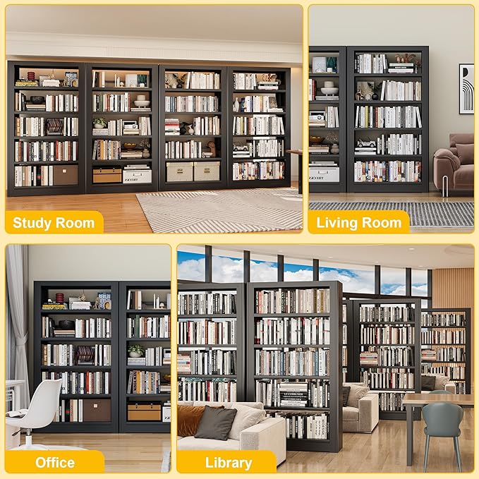 Bookshelves And Bookcases, 36" Wide Office Hard Cover Books Bookshelf, Black 5 Shelf Metal Bookcase, 69" Tall Industrial Sturdy Open Bookshelf for Living Room, Library, School, Bedroom, Kitchen