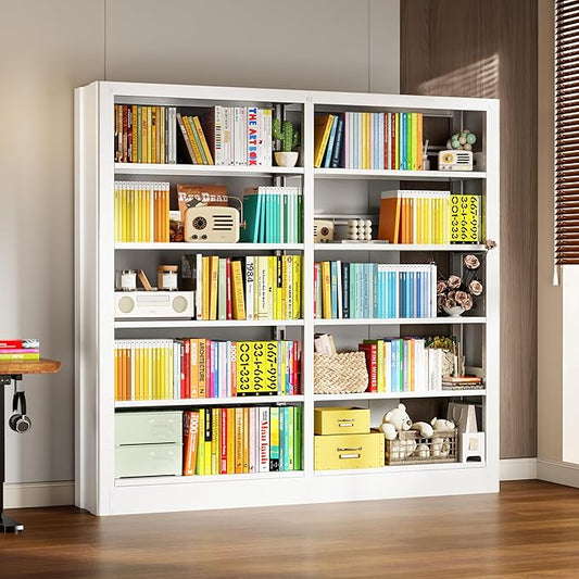 5-Tier Bookcase with Adjustable Storage Shelves, Metal Bookshelf with Book Stopper, Bookcase Shelf for Library, Office, Living Room (White-2)