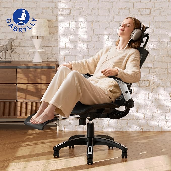 GABRYLLY Ergonomic Office Chair with Footrest, High Back Home Desk Chair - 3D Headrest, Flip-Up Arms, 135° Tilt and Wide Cushion, Heavy Duty Mesh Chairs for Task Computer Gaming,GYB01-FT