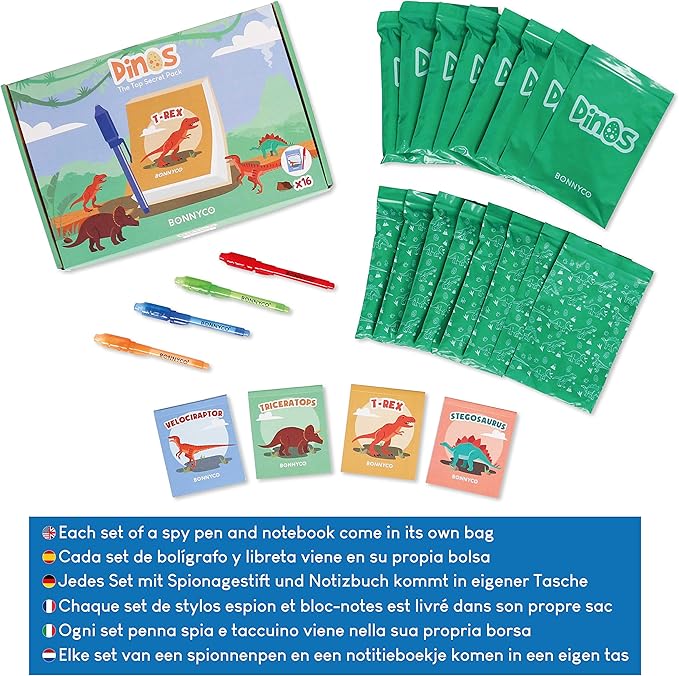 BONNYCO Invisible Ink Pen and Notebook Pack 16 Dinosaur Party Favors for Kids, Magic Spy Pen Goodie Bags Stuffers for Kids, Dinosaur Birthday Party Supplies, Goody Bag Stuffers Return Gifts Prizes
