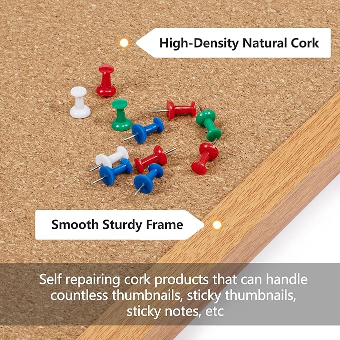 Board2by Cork Board Bulletin Board 24 x 36, Wood Framed Corkboards for Wall Decor, Hanging Office Message Board, Large Wall Mounted Notice Pin Board with 15 Push Pins for School, Home & Office