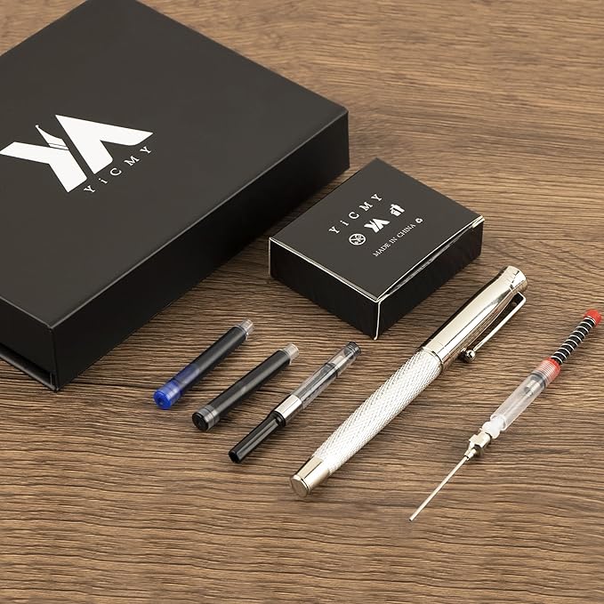 Fancy Fountain Pen Set – Fine & Medium Nibs, Includes 18 Ink Cartridges, Ink Converter, Syringe Filler, Luxury Gift for Writing, Journaling & Calligraphy，Silvery