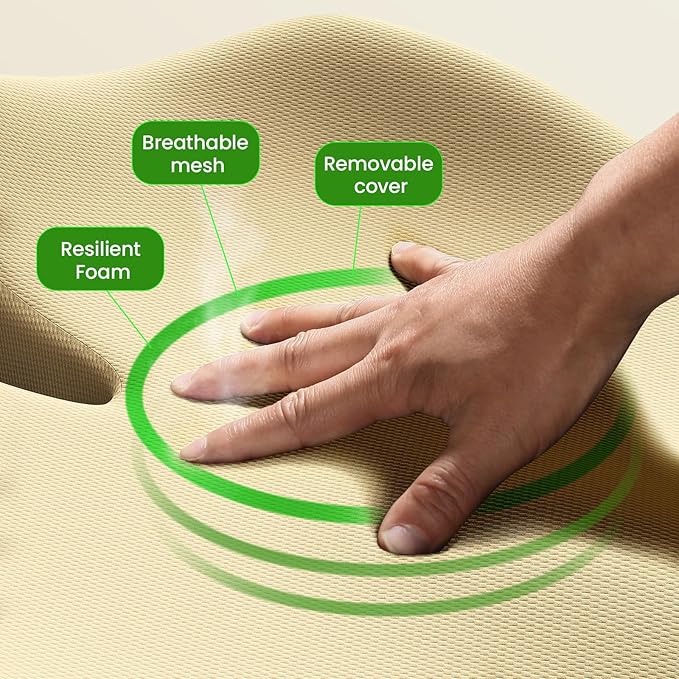 Benazcap Large Seat Cushion for Office Chair Memory Foam Coccyx Pain Relief Cushion Pillow for Back Support Non-Slip Seat Pad for Office Desk, Car Seat, Wheelchair, Sciatica-Beige