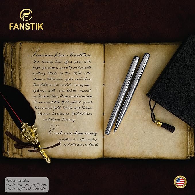 Customized Silver Luxury fountain pen (Made In USA) fancy gift set for women, Chrome Finish, Professional executive pen gift set for men (Lux Custom-fountain Silver)