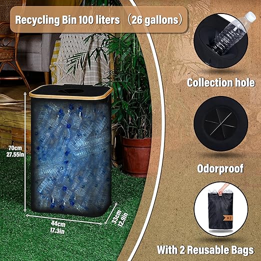 efluky Recycling Bin for Kitchen 26 Gallon, 100L Recycle Bin with 2 Removeable and Reusable Inner Bag, Large Recycling bin with lid for Bottle Can Plastice Stickers (Black)