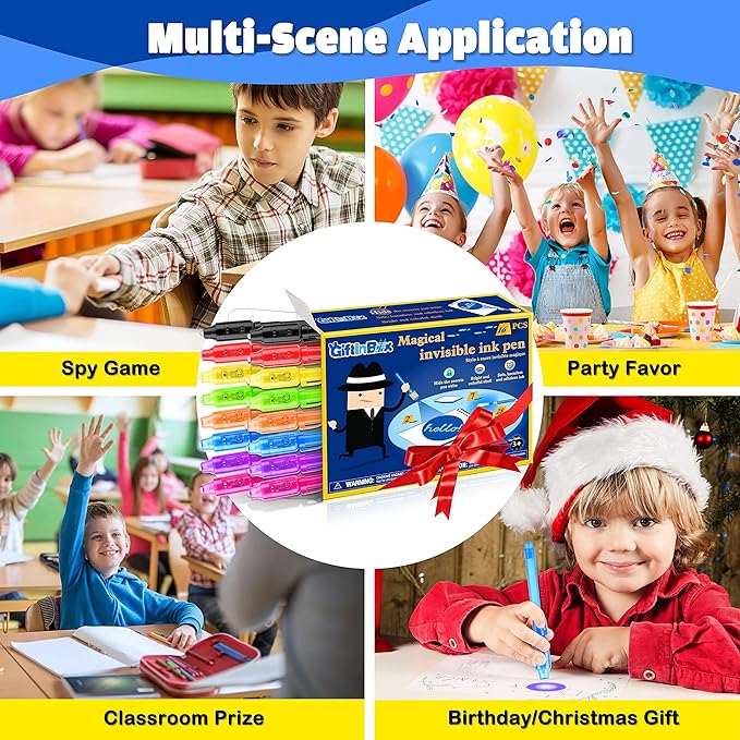 GIFTINBOX Invisible Ink Pen, 16PCS Spy Pen with UV Light for Kids, Birthday Party Favors for Kids 4-8 8-12, Classroom Prize for Students Magic Marker for Secret Message