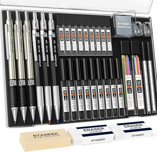 34PCS Art Mechanical Pencil Set, Drafting Pencil 0.5, 0.7, 0.9MM & 3PCS 2.0MM Mechanical Drawing Pencils with 384PCS Leads (6B 4B 2B HB 2H 4H Color) for Artist Sketching Drawing