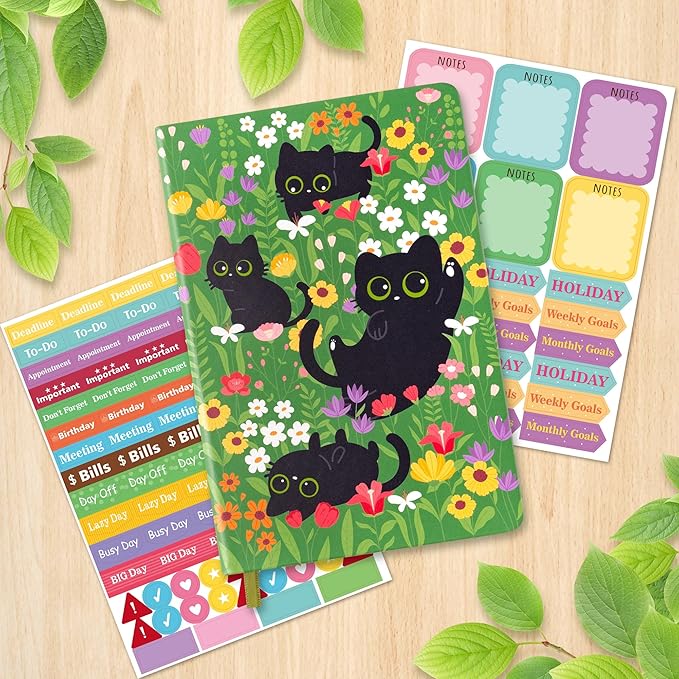 B1ykin Hardcover Ruled Journal Notebook with Planner Stickers, 196 Pages PU Leather Journal Notebook Journals Diary Notepad for Writing Travel Business Work School College Taking (Black Cat Floral)