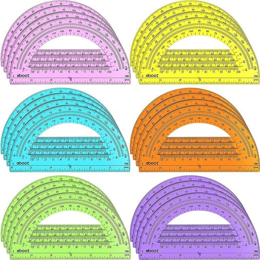 EBOOT 24 Pack Plastic Protractors Math Protractor 180 Degrees 6 Inch (Multi Colors)