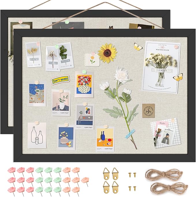 Cork Board Bulletin Board 16.7" x 11", 2-Pack Small Linen Corkboards with Frame for Walls, Cute Picture Display Pin Board Vision Board for Room School Office Bedroom 25 Pushpins Vintage Black
