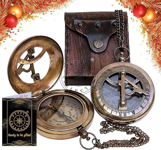 Brass Sundial Compass with Leather Case and Chain - Push Open Compass - Steampunk Accessory - Beautiful Handmade Gift - Nautical Sun Clock
