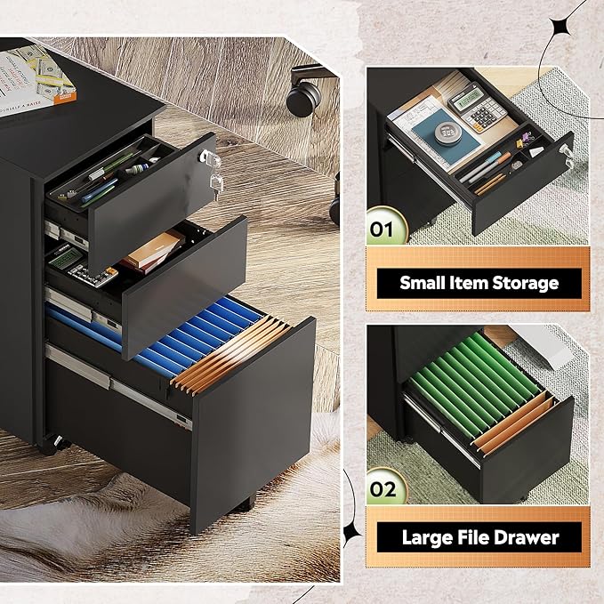 DEVAISE 3 Drawer File Cabinet with Lock, Metal Rolling Filing Cabinets for Home Office, Small Under Desk Cabinet with Slim Width (11.8 inch), Black