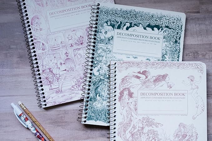 Decomposition 3-Pack Whimsical Garden College Ruled Spiral Notebook - 9.75 x 7.5 Journal, 160 Lined Pages - 100% Recycled Paper - Notebooks for School Supplies, Home & Office - Made in USA