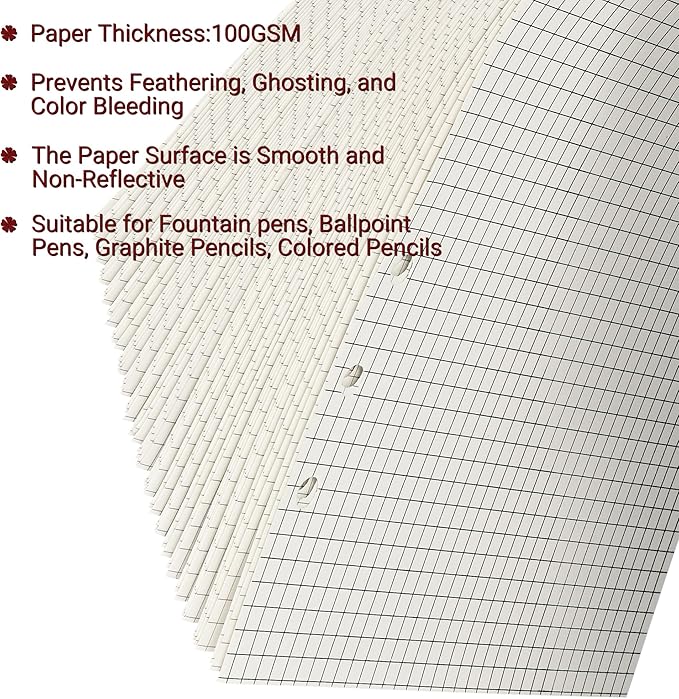 A5 Grid-Ruled Refill Paper, 100gsm Thick Beige No-Bleed Sheets (80-Pack), Pre-Punched – Fits A5 6-Ring Binders for Office, School & Teachers