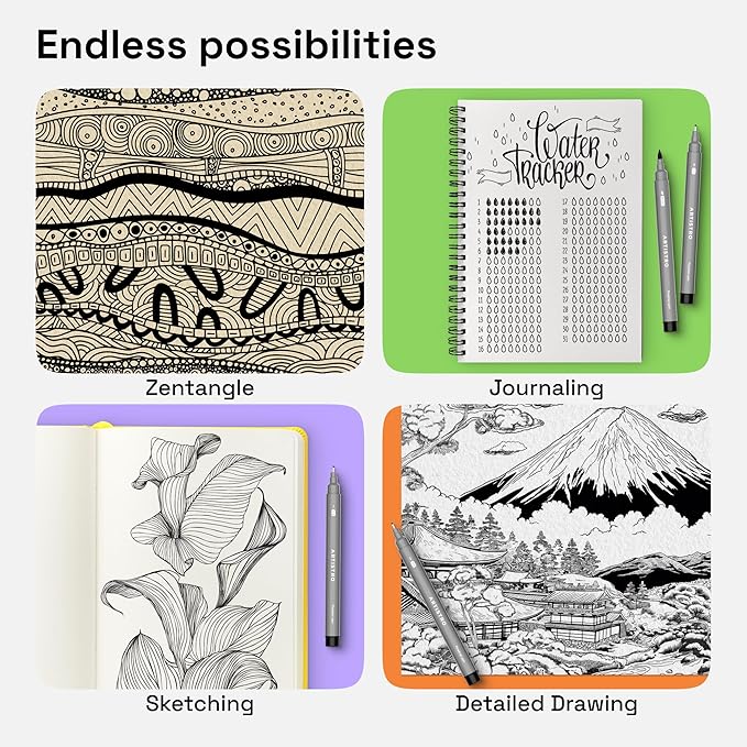 ARTISTRO Set of 9 Fineliner Pens - Black Micro Pens with Ultra Fine Tips for Drawing, Sketching, Writing, Journaling and Technical Illustration - Waterproof Archival Ink