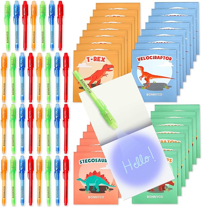 BONNYCO Invisible Ink Pen and Notebook Pack 32 Dinosaur Party Favors for Kids, Magic Spy Pen Goodie Bags Stuffers for Kids, Dinosaur Birthday Party Supplies, Goody Bag Stuffers Return Gifts Prizes