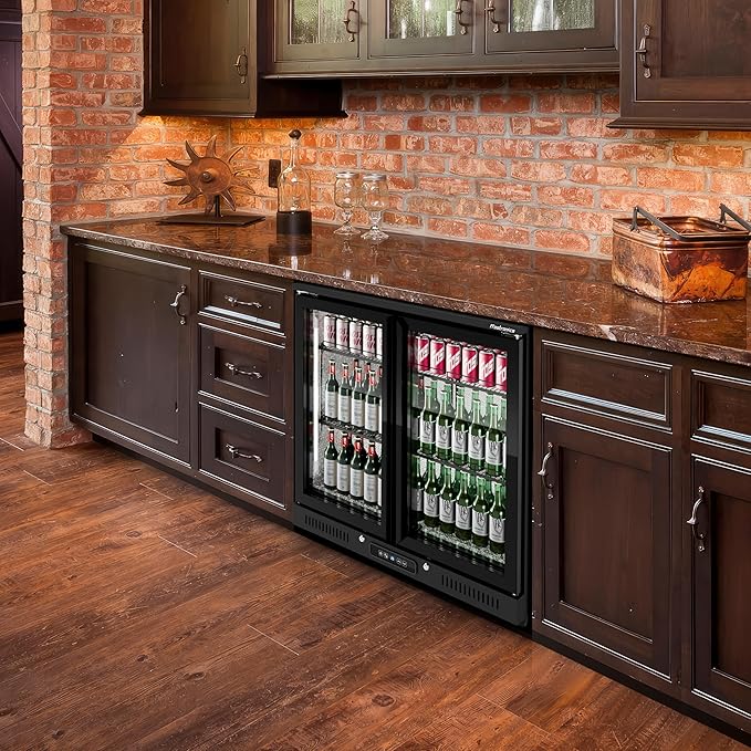 36 inch 206 cans Duo Hinged Door Back Bar Beverage Cooler, 6.75 cu. ft. Under Counter Glass Door Bar Fridge with hinged doors, lockable, 32-50°F Display Refrigerator, ETL Certified, Black