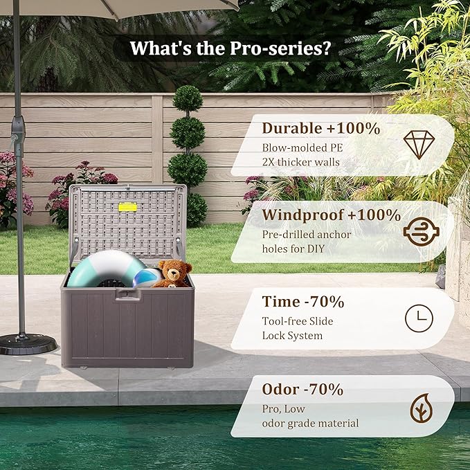 110 Gallon Pro Outdoor Storage Box Waterproof Lockable Deck Box Large, Patio Storage Bin for Pool Accessories Cushion Furniture, Garden Tools, UV-Resistant Outside Delivery, Grayish Brown