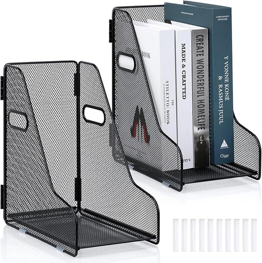 2 Pack Large Binder Folder Holder for Desk Metal Mesh Magazine File Holder Black Vertical File Storage Desktop Binder Organizer Desk Folder Organizer for 3Inch 4Inch 5Inch Binder 10" L x 6" W x 11" H