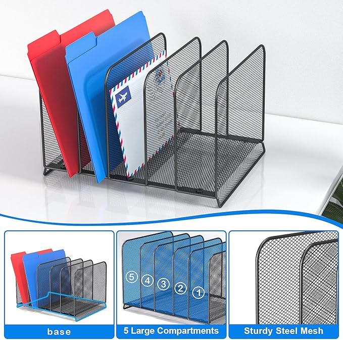 5 Sections Desk File Holder/Rack/Sorter,Mesh File Organizer,File Folder Organizer,Metal Upright Desktop Organization for Documents,Magazine,Kitchenware,Antiskid,Antirust,Sturdy,1 Pack