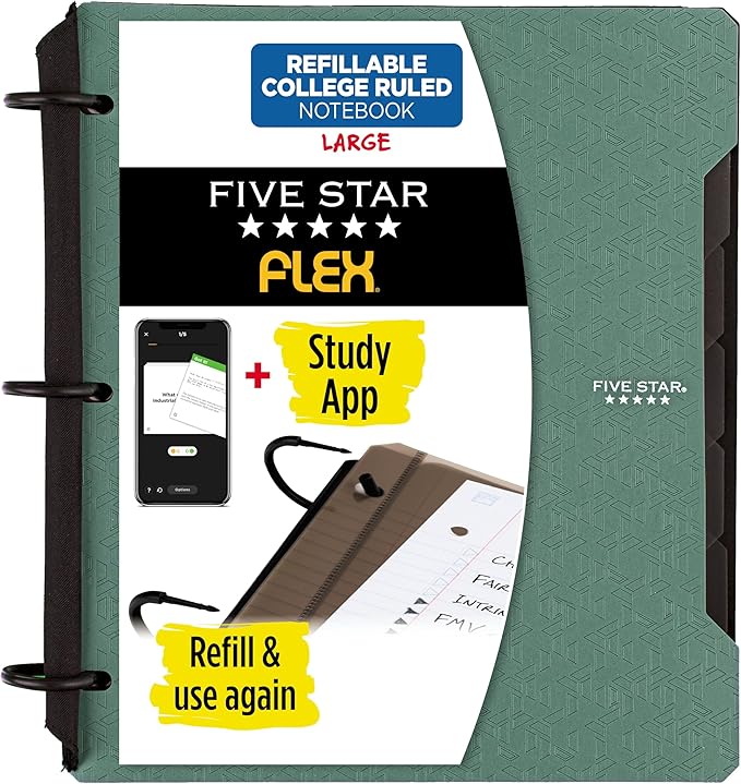 Five Star Flex Refillable Notebook + Study App, College Ruled Paper and 1 Inch TechLock Ring Binder with Pockets, Tabs and Dividers, 200 Sheet Capacity, Seaglass Green (293280AQ8)