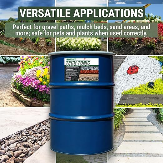 Ground Glue Tech-Tonic Landscape Adhesive for Rock, Mulch, and Sand, Weatherproof Long-Lasting Stabilizer for Trails & Slopes, Pet-Safe Binder for Pea Gravel, Bark & Flower Beds, 55 Gallon Tote